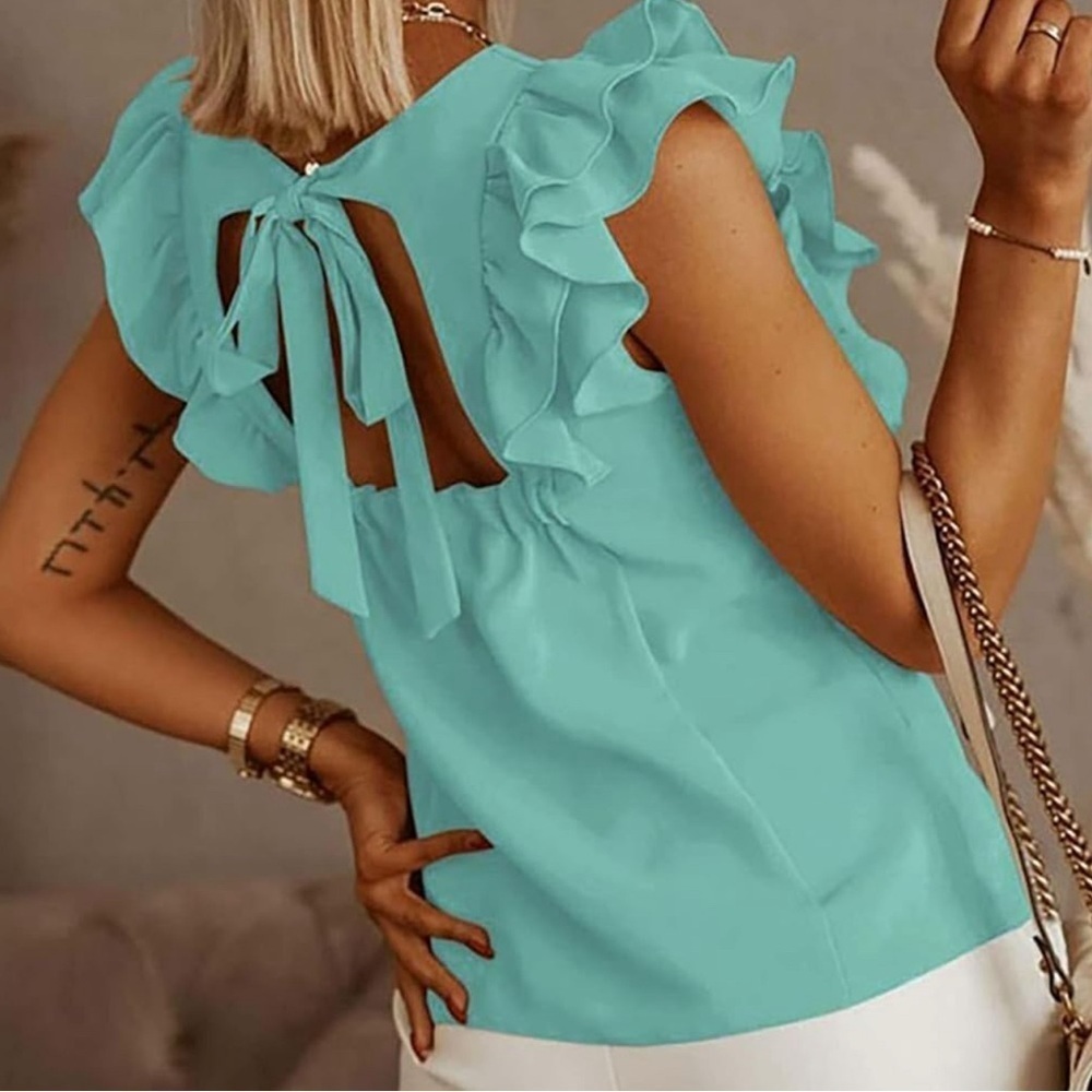 NEW Claudia G Aqua Blue Orchid Ruffle Top Open Bow Tie Back Flutter Sleeves L